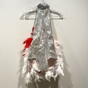 Silver Sequin Halter One-Piece with Red & White Feather Trim